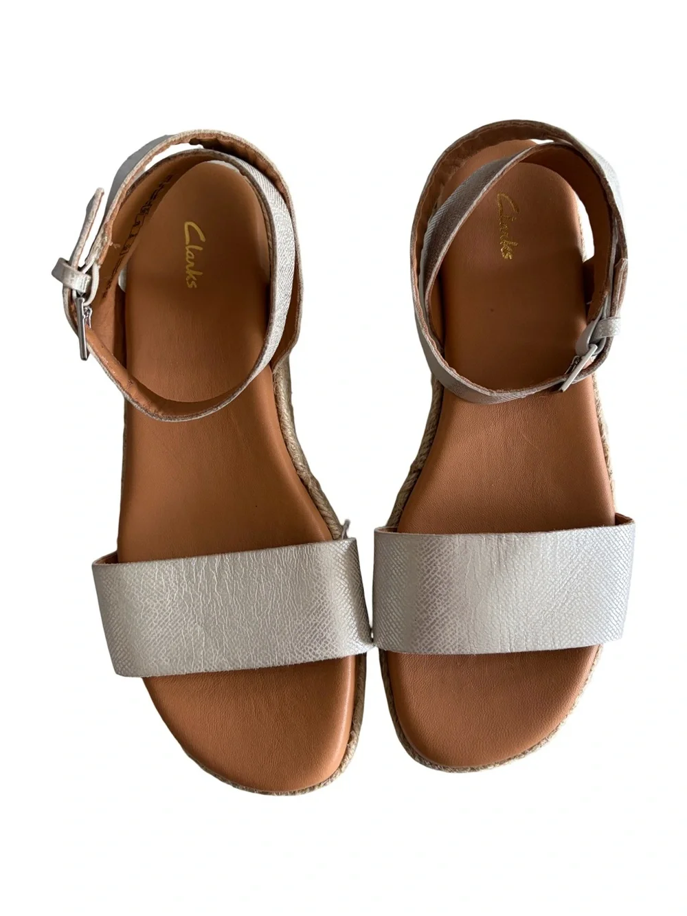 Clarks Kimmie Ivy Silver Metallic Leather Espadrille Wedge Sandals Size 8